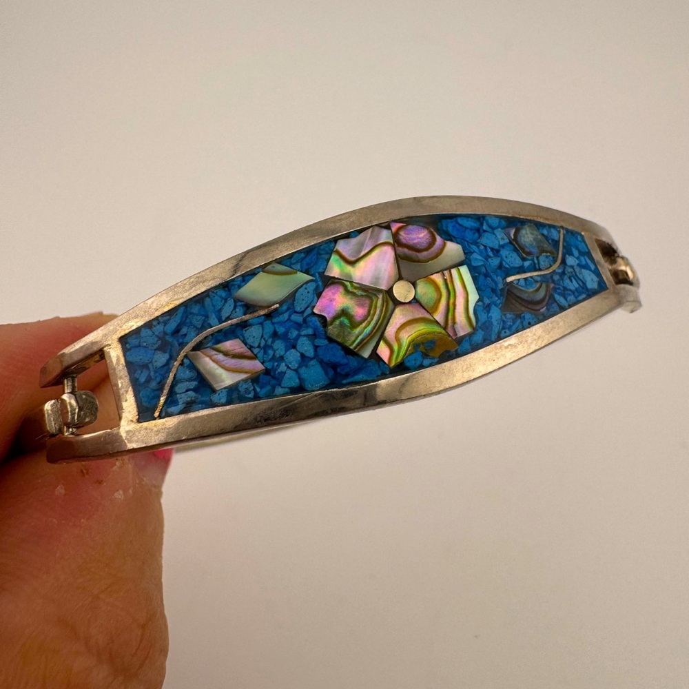 Taxco Mexican Blue and‎ Silver Inlay Cuff Bracelet